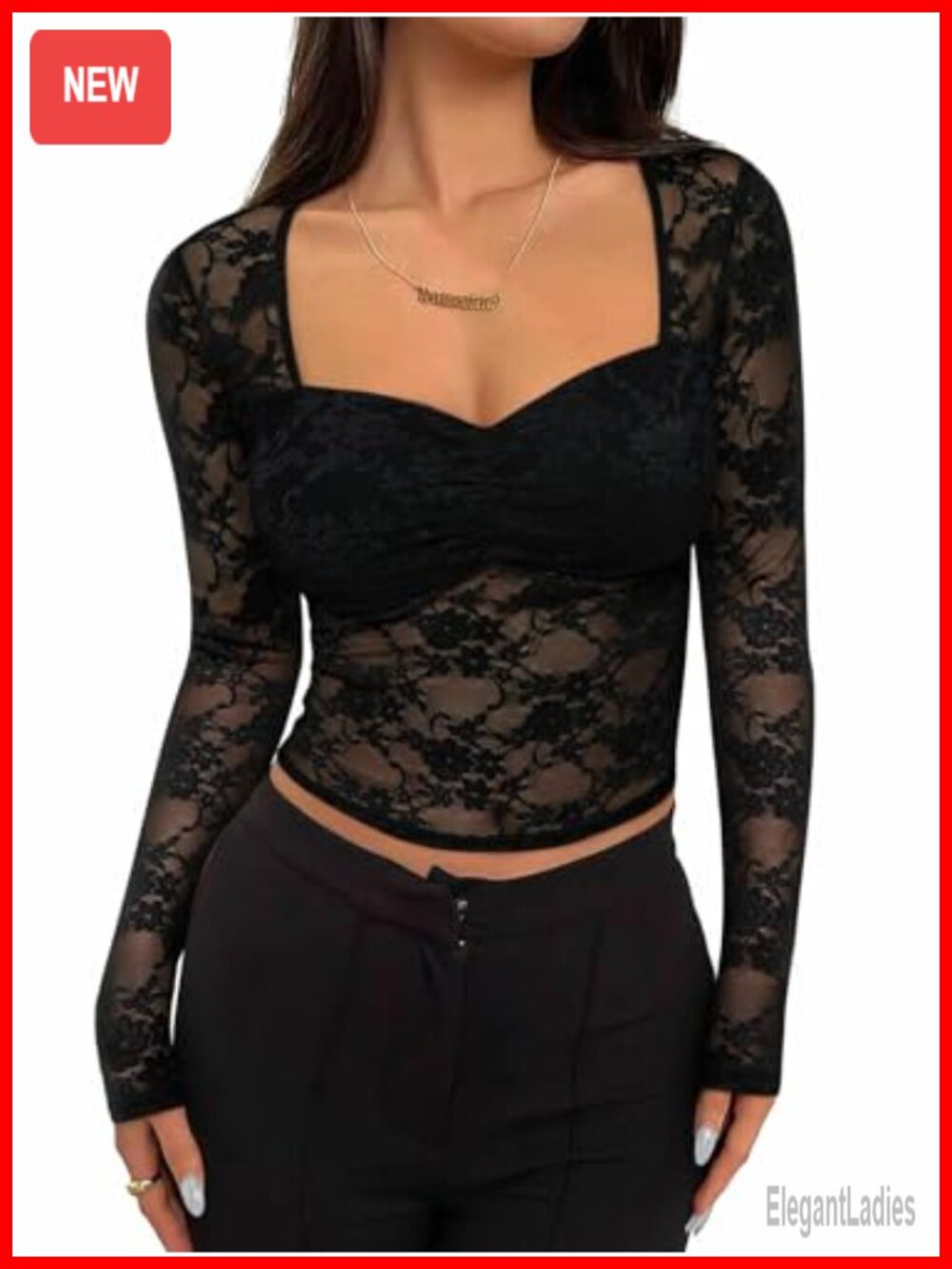 Sheer Mesh Floral Lace Long Sleeve Top Slim Fit Going Out Blouse